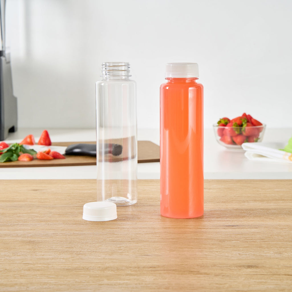 Bottle Tek 12 oz Round Clear Plastic Cold Pressed Juice Bottle - with Safety Cap - 2" x 2" x 7 1/4" - 100 count box