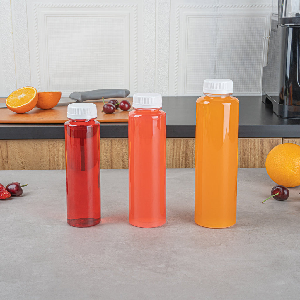 Bottle Tek 12 oz Round Clear Plastic Cold Pressed Juice Bottle - with Safety Cap - 2" x 2" x 7 1/4" - 100 count box