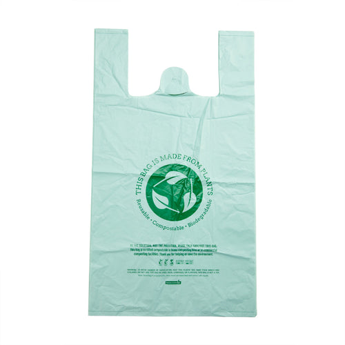 Basic Nature Green Plastic T-Shirt Bag - 1/6 Size, Compostable - 12" x 6 1/2" x 22" - 100 count box