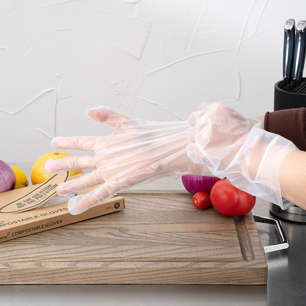 Eco Serve Clear Plastic Small Compostable Gloves - Powder-Free - 10 1/4" x 8 3/4" - 100 count box