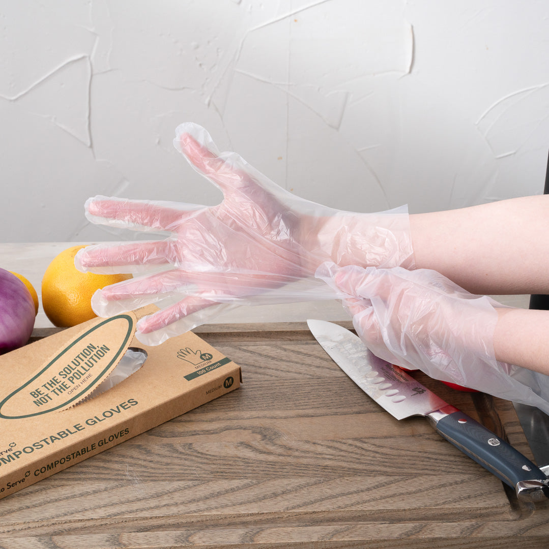 Eco Serve Clear Plastic Medium Compostable Gloves - Powder-Free - 11" x 9" - 100 count box