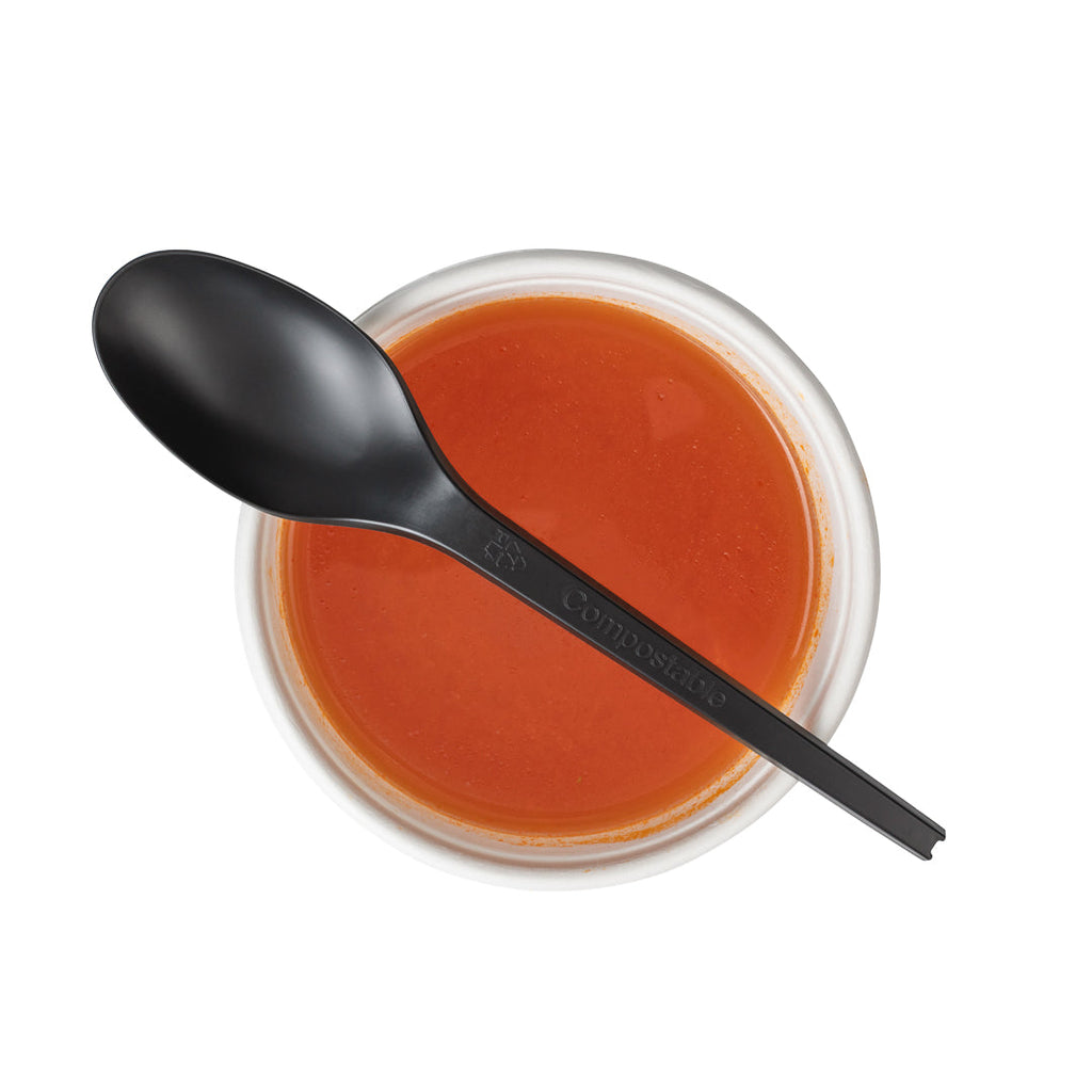 Basic Nature Black CPLA Plastic Spoon - Wrapped, Heat-Resistant, Compostable - 6 1/2" - 50 count box
