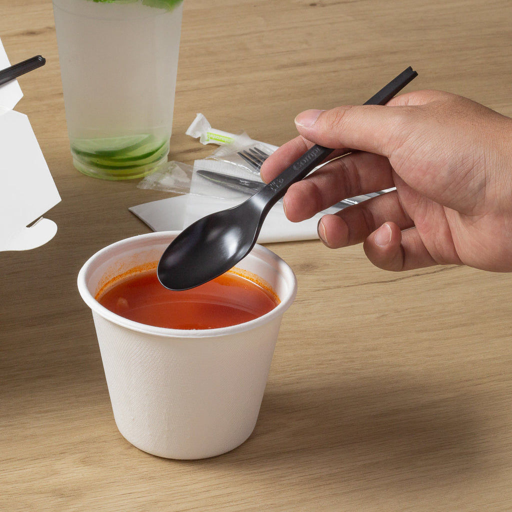 Basic Nature Black CPLA Plastic Spoon - Wrapped, Heat-Resistant, Compostable - 6 1/2" - 50 count box