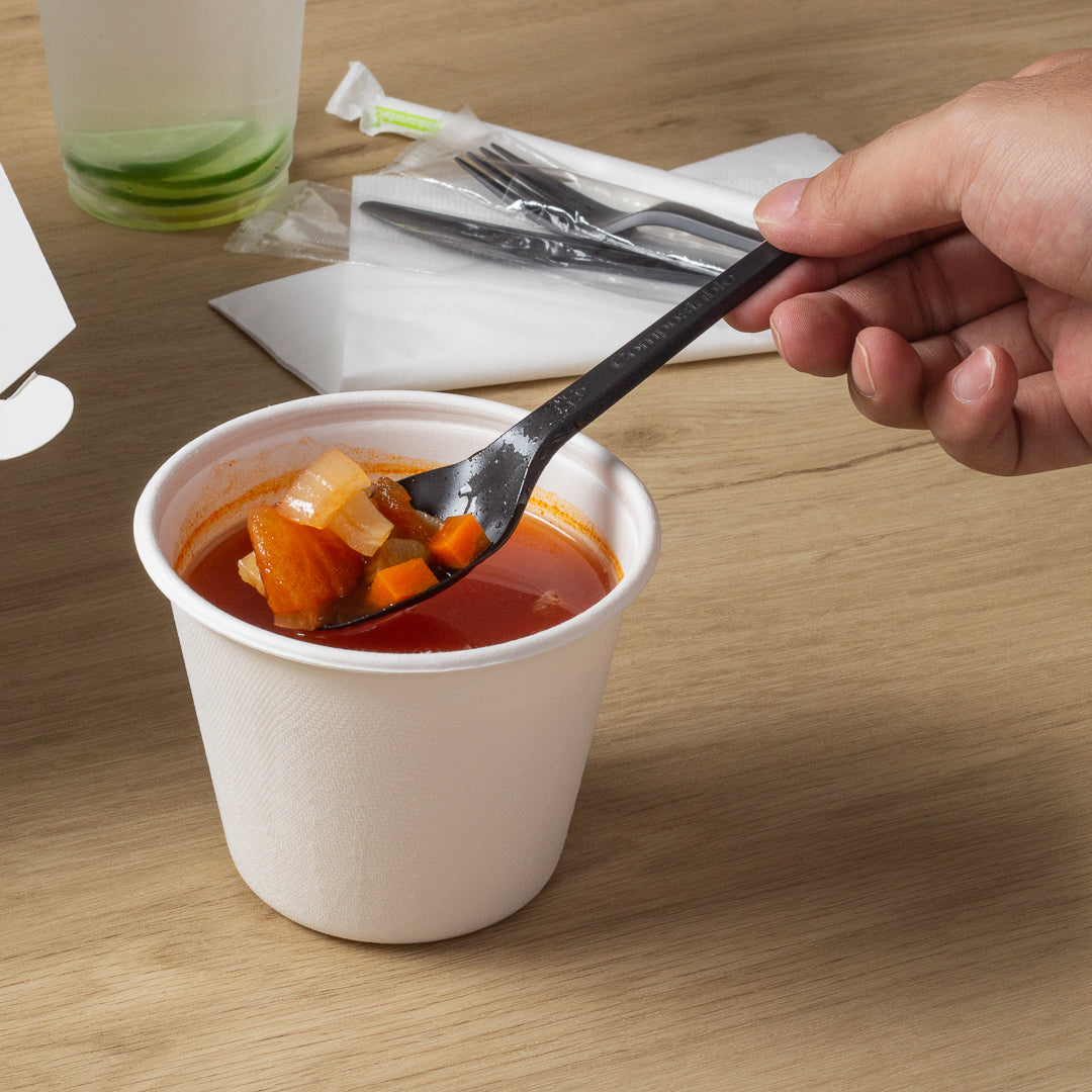 Basic Nature Black CPLA Plastic Spoon - Wrapped, Heat-Resistant, Compostable - 6 1/2" - 50 count box