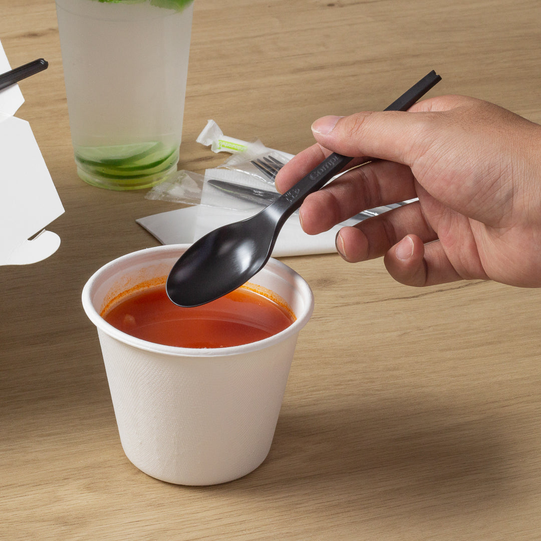 Basic Nature Black CPLA Plastic Spoon - Wrapped, Heat-Resistant, Compostable - 6 1/2" - 250 count box