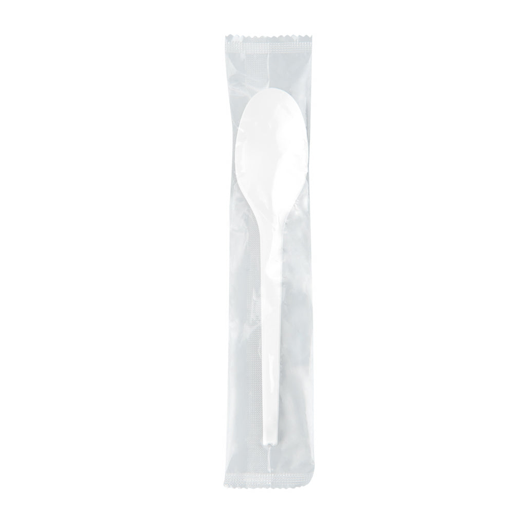Basic Nature White CPLA Plastic Spoon - Wrapped, Heat-Resistant, Compostable - 6 1/2" - 50 count box