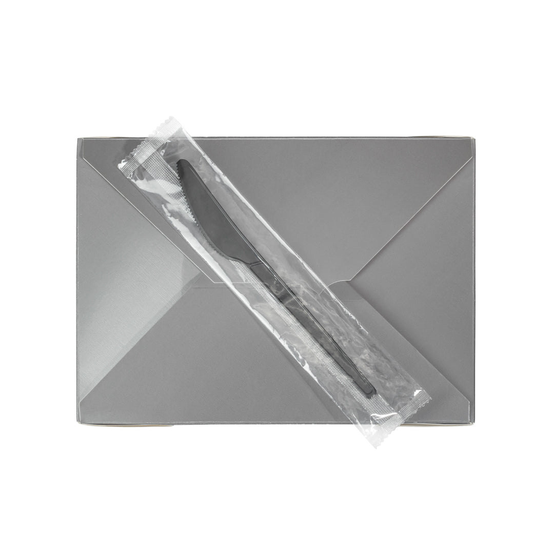 Basic Nature Black CPLA Plastic Knife - Wrapped, Heat-Resistant, Compostable - 6 1/2" - 50 count box