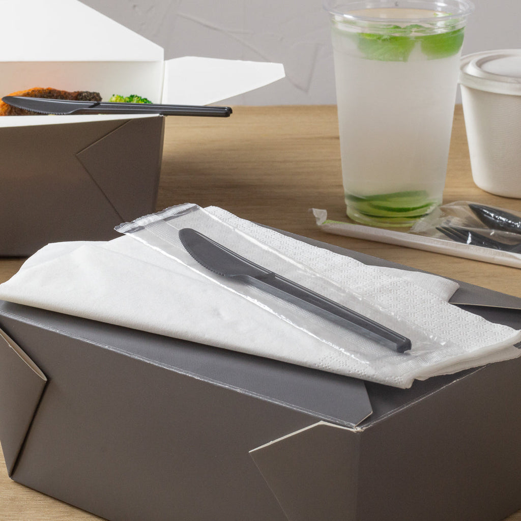 Basic Nature Black CPLA Plastic Knife - Wrapped, Heat-Resistant, Compostable - 6 1/2" - 50 count box