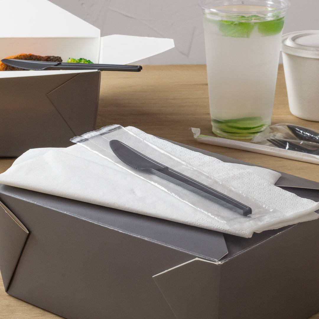 Basic Nature Black CPLA Plastic Knife - Wrapped, Heat-Resistant, Compostable - 6 1/2" - 50 count box