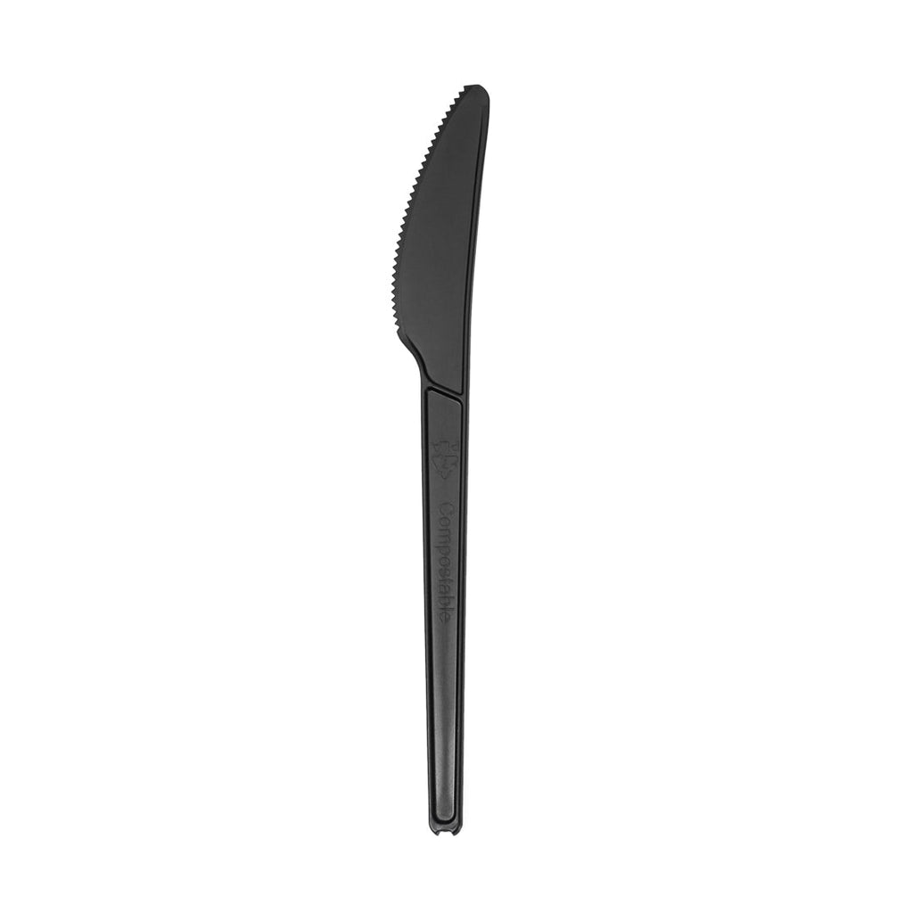 Basic Nature Black CPLA Plastic Knife - Wrapped, Heat-Resistant, Compostable - 6 1/2" - 50 count box