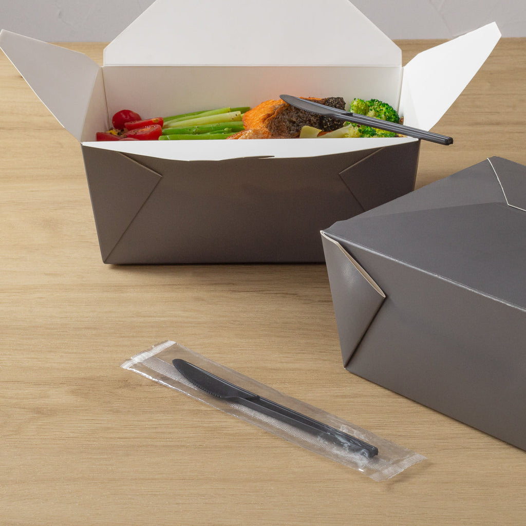 Basic Nature Black CPLA Plastic Knife - Wrapped, Heat-Resistant, Compostable - 6 1/2" - 50 count box