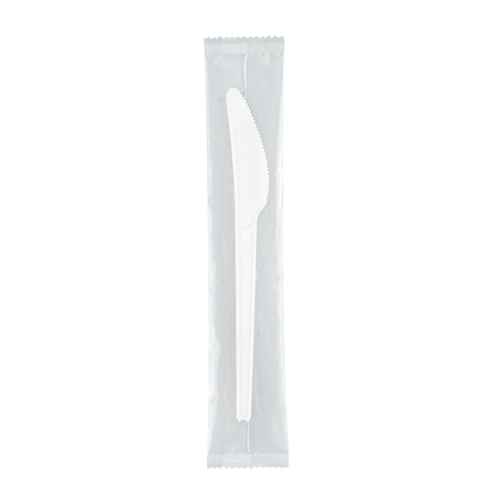 Basic Nature White CPLA Plastic Knife - Wrapped, Heat-Resistant, Compostable - 6 1/2" - 50 count box