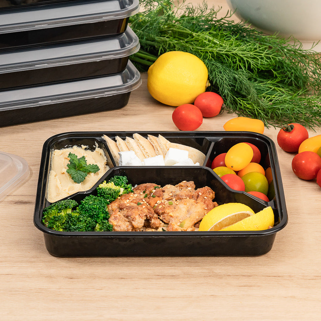Asporto 34 oz Black Plastic 4 Compartment Food Container - with Clear Lid, Microwavable - 8 3/4" x 7 1/2" x 1 1/2" - 100 count box