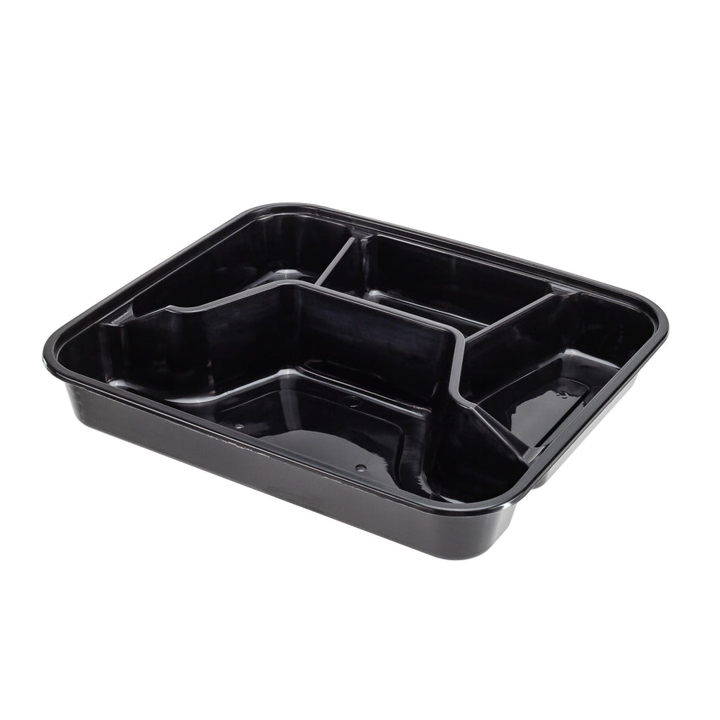 Asporto 34 oz Black Plastic 4 Compartment Food Container - with Clear Lid, Microwavable - 8 3/4" x 7 1/2" x 1 1/2" - 100 count box