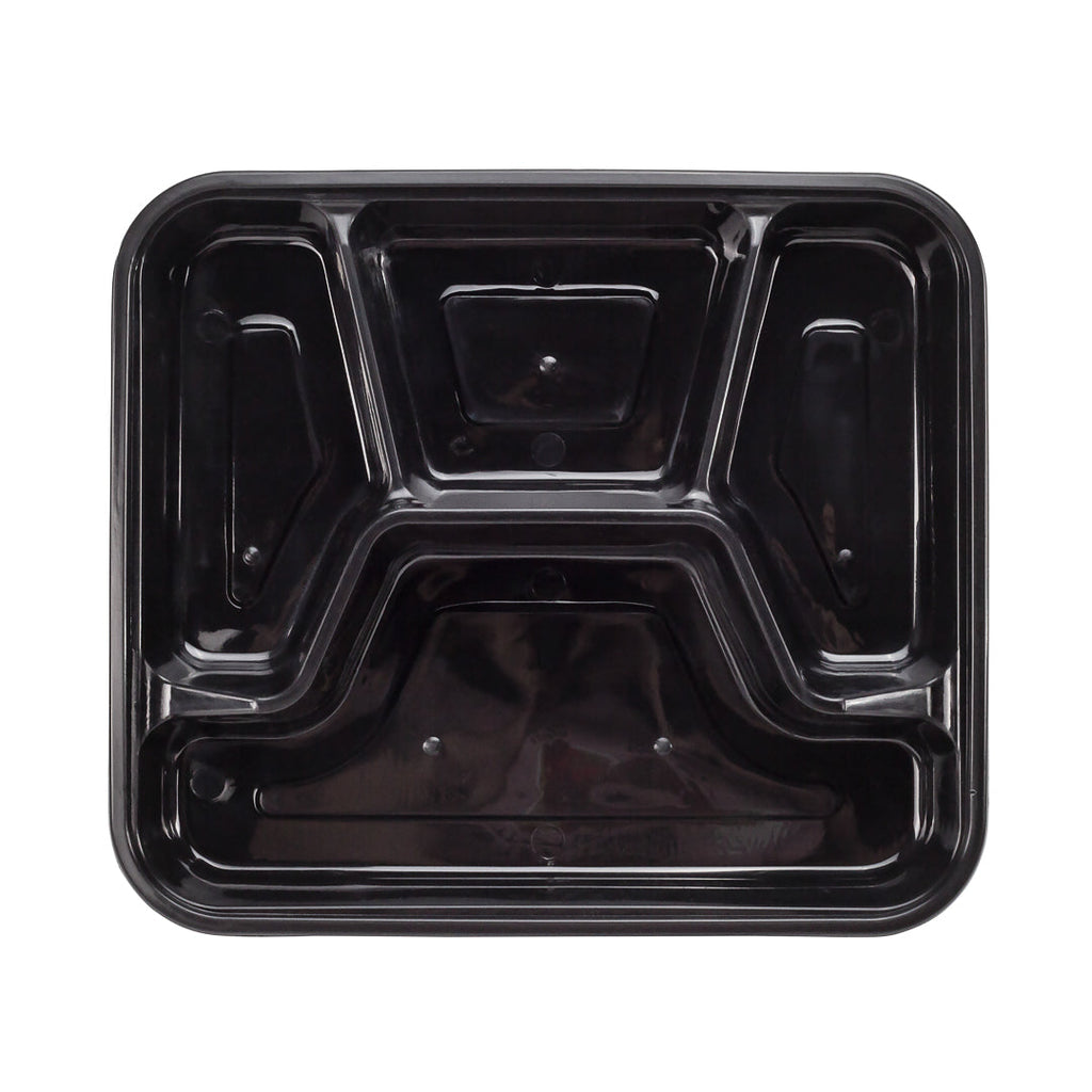 Asporto 34 oz Black Plastic 4 Compartment Food Container - with Clear Lid, Microwavable - 8 3/4" x 7 1/2" x 1 1/2" - 100 count box