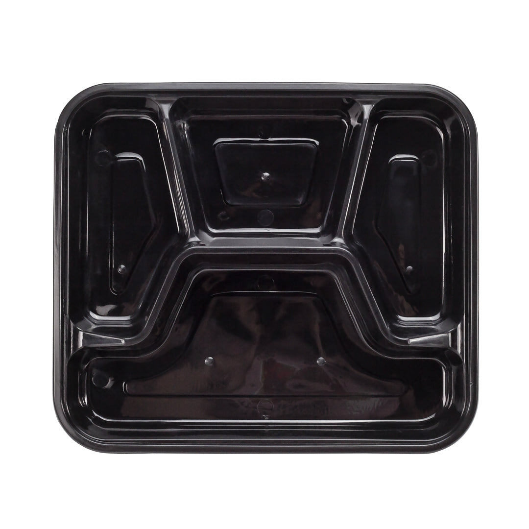 Asporto 34 oz Black Plastic 4 Compartment Food Container - with Clear Lid, Microwavable - 8 3/4" x 7 1/2" x 1 1/2" - 100 count box