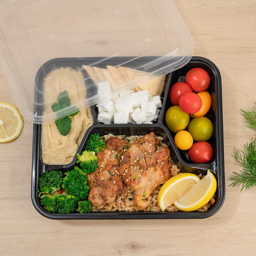 Asporto 34 oz Black Plastic 4 Compartment Food Container - with Clear Lid, Microwavable - 8 3/4" x 7 1/2" x 1 1/2" - 100 count box