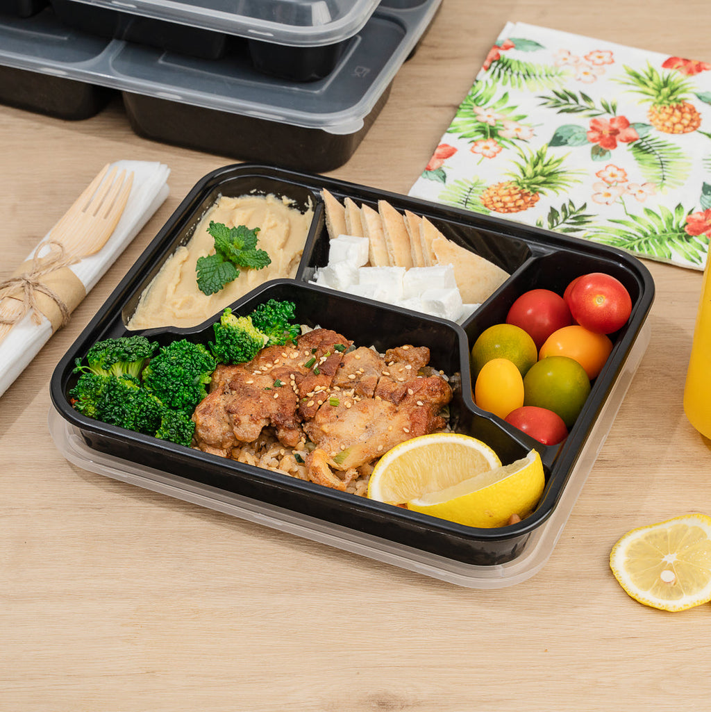 Asporto 34 oz Black Plastic 4 Compartment Food Container - with Clear Lid, Microwavable - 8 3/4" x 7 1/2" x 1 1/2" - 100 count box