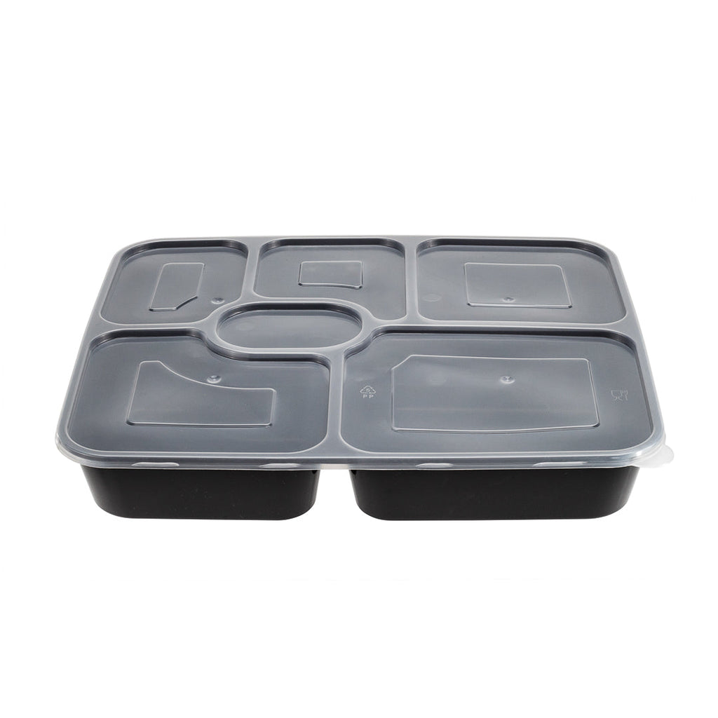 Asporto 53 oz Black Plastic 6 Compartment Food Container - with Clear Lid, Microwavable - 9 3/4" x 8 1/4" x 1 3/4" - 100 count box