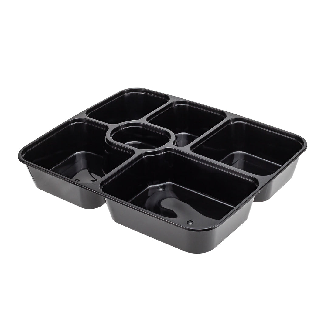 Asporto 53 oz Black Plastic 6 Compartment Food Container - with Clear Lid, Microwavable - 9 3/4" x 8 1/4" x 1 3/4" - 100 count box