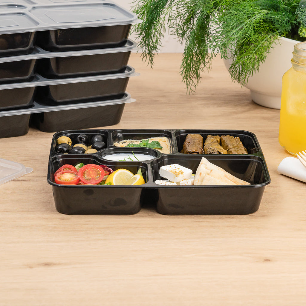Asporto 53 oz Black Plastic 6 Compartment Food Container - with Clear Lid, Microwavable - 9 3/4" x 8 1/4" x 1 3/4" - 100 count box