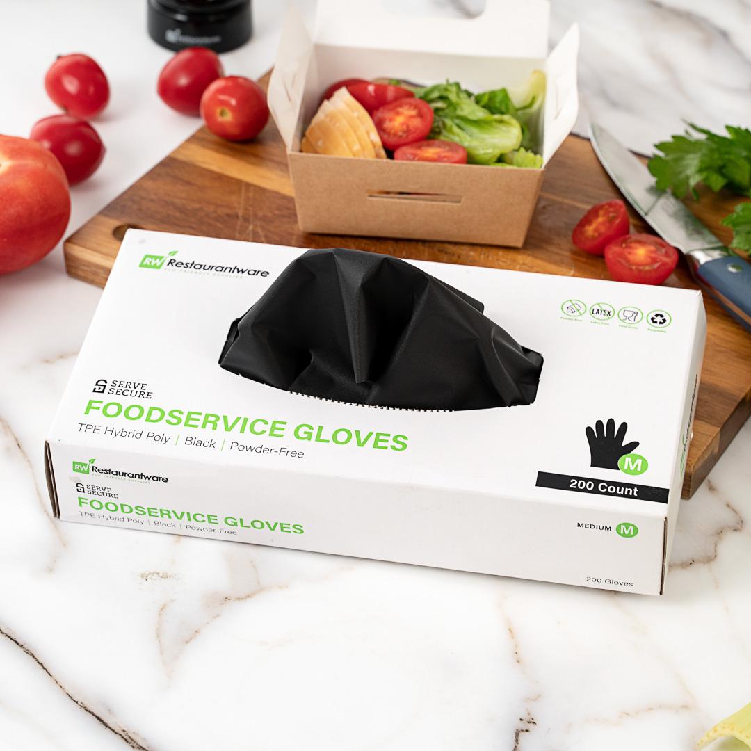 Serve Secure Black TPE Hybrid Plastic Medium Foodservice Gloves - Latex Free, Powder Free - 10 1/4" x 8 1/2" - 200 count box