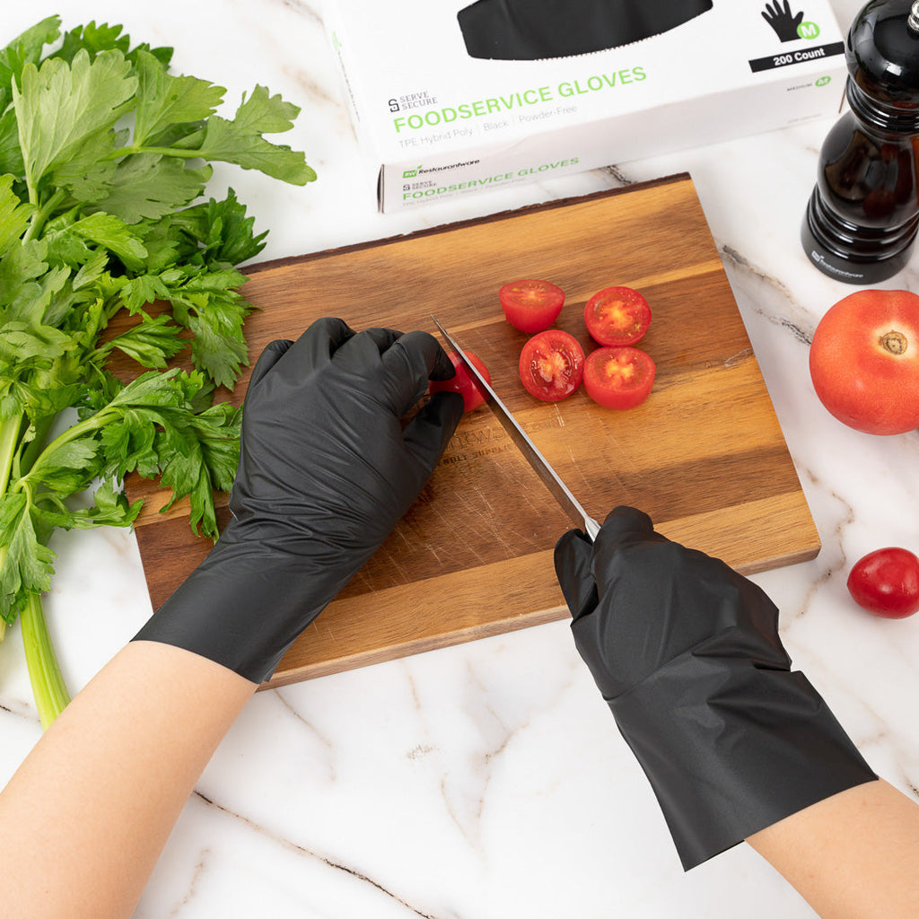 Serve Secure Black TPE Hybrid Plastic Medium Foodservice Gloves - Latex Free, Powder Free - 10 1/4" x 8 1/2" - 1000 count box