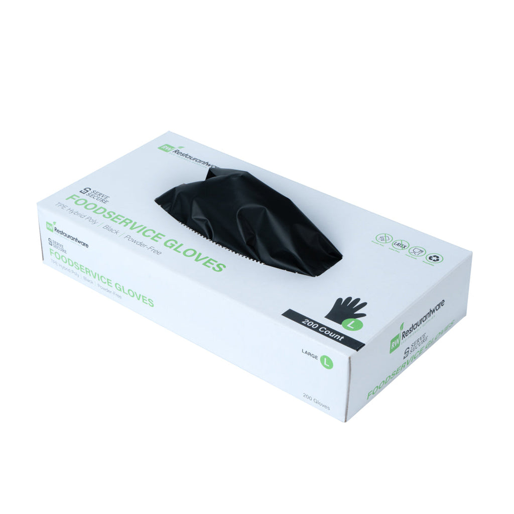 Serve Secure Black TPE Hybrid Plastic Large Foodservice Gloves - Latex Free, Powder Free - 10" x 9 1/4" - 200 count box