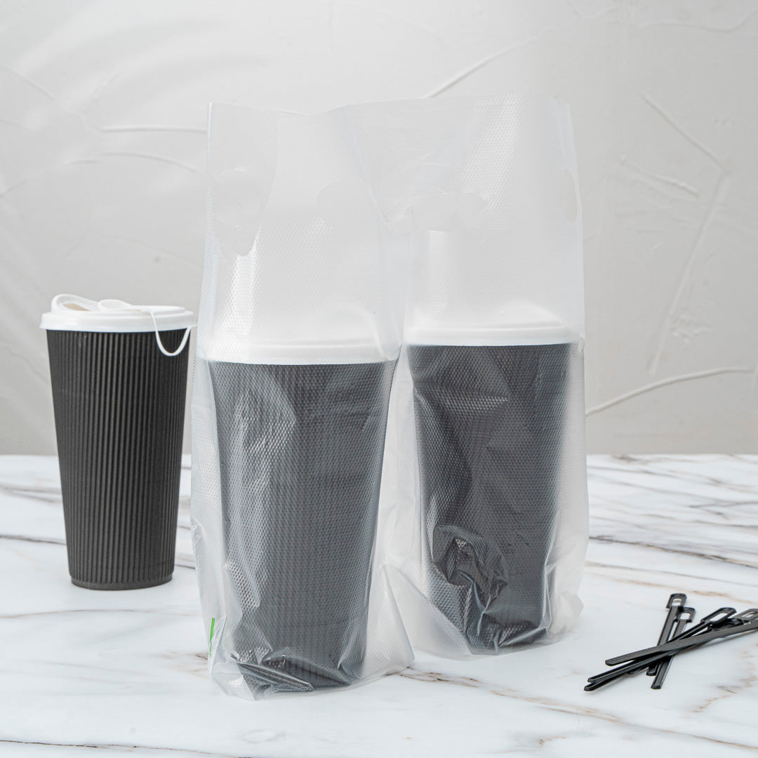 Bag Tek Clear Plastic Drink Carrier Bag - Fits 2 Cups - 12 1/2" x 3 1/4" x 11" - 100 count box