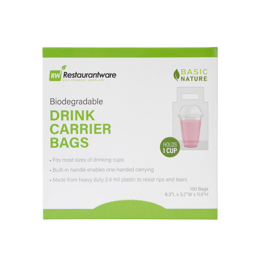 Basic Nature Clear Plastic Drink Carrier Bag - Fits 1 Cup, Biodegradable - 6 1/4" x 3 1/4" x 11" - 100 count box