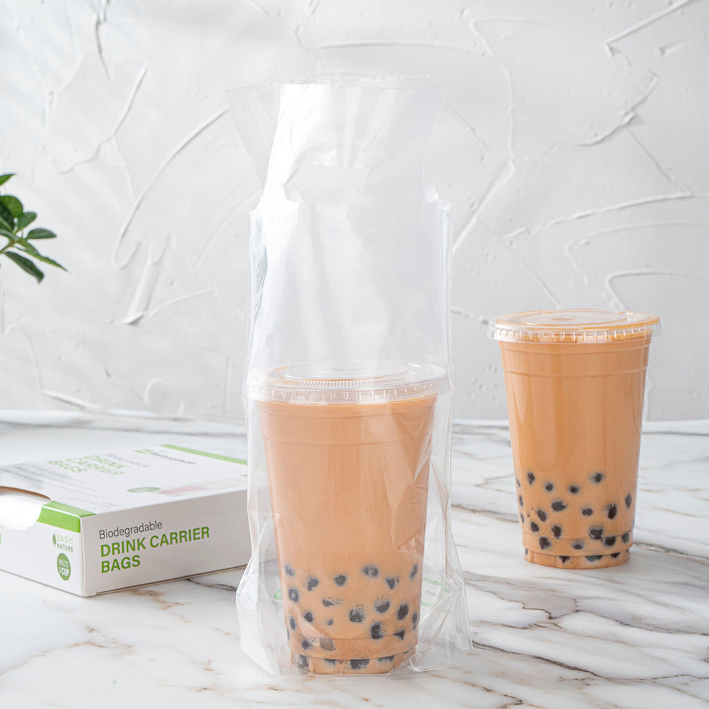 Basic Nature Clear Plastic Drink Carrier Bag - Fits 1 Cup, Biodegradable - 6 1/4" x 3 1/4" x 11" - 100 count box