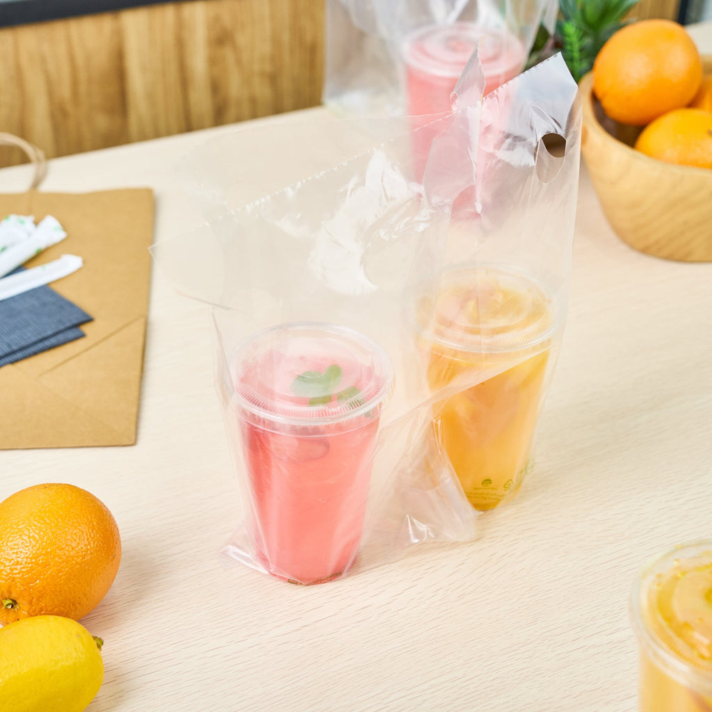 Basic Nature Clear Plastic Drink Carrier Bag - Fits 2 Cups, Biodegradable - 12 1/2" x 3 1/4" x 11" - 100 count box