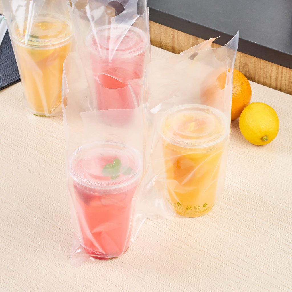 Basic Nature Clear Plastic Drink Carrier Bag - Fits 2 Cups, Biodegradable - 12 1/2" x 3 1/4" x 11" - 100 count box