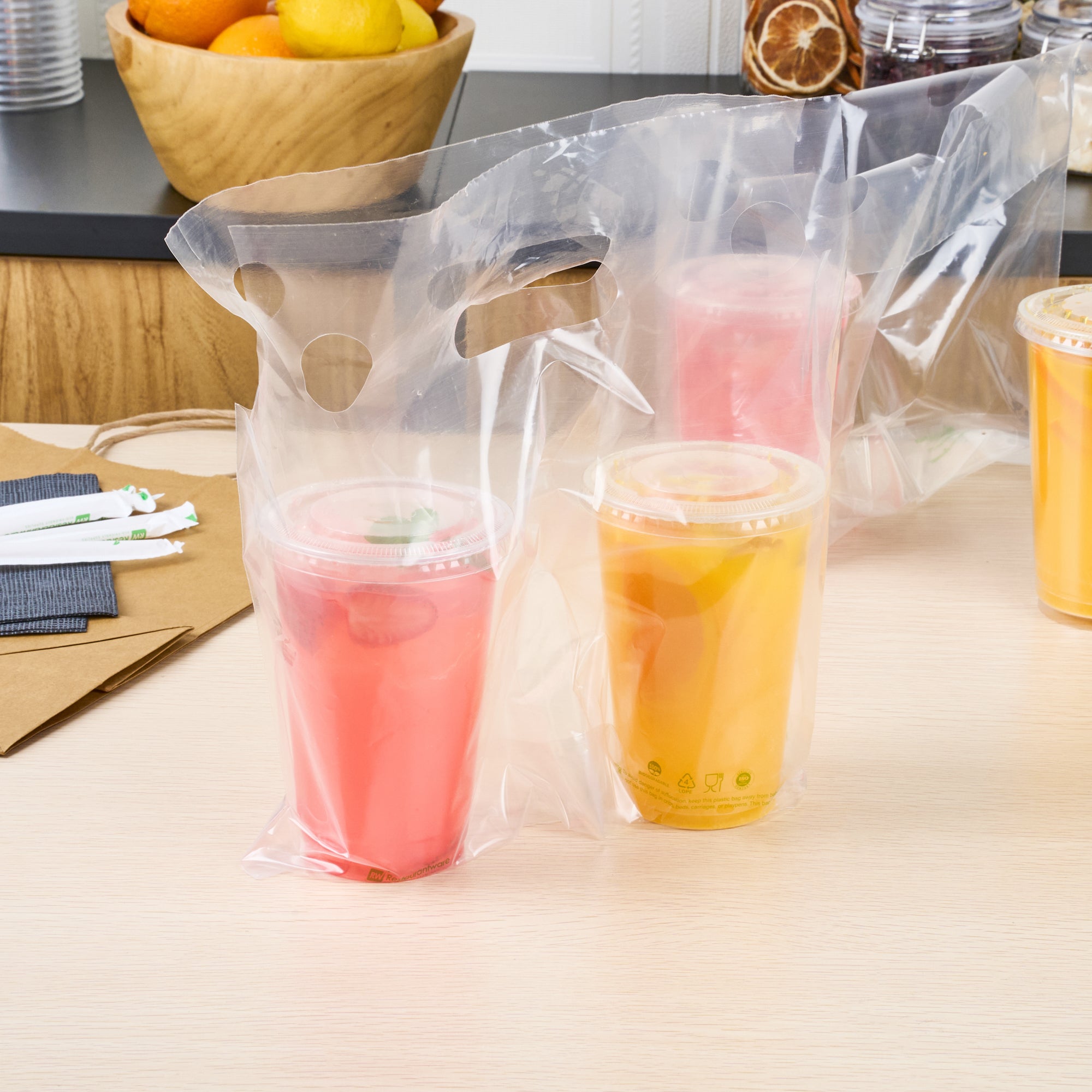 Basic Nature Clear Plastic Drink Carrier Bag - Fits 2 Cups, Biodegradable - 12 1/2" x 3 1/4" x 11" - 100 count box