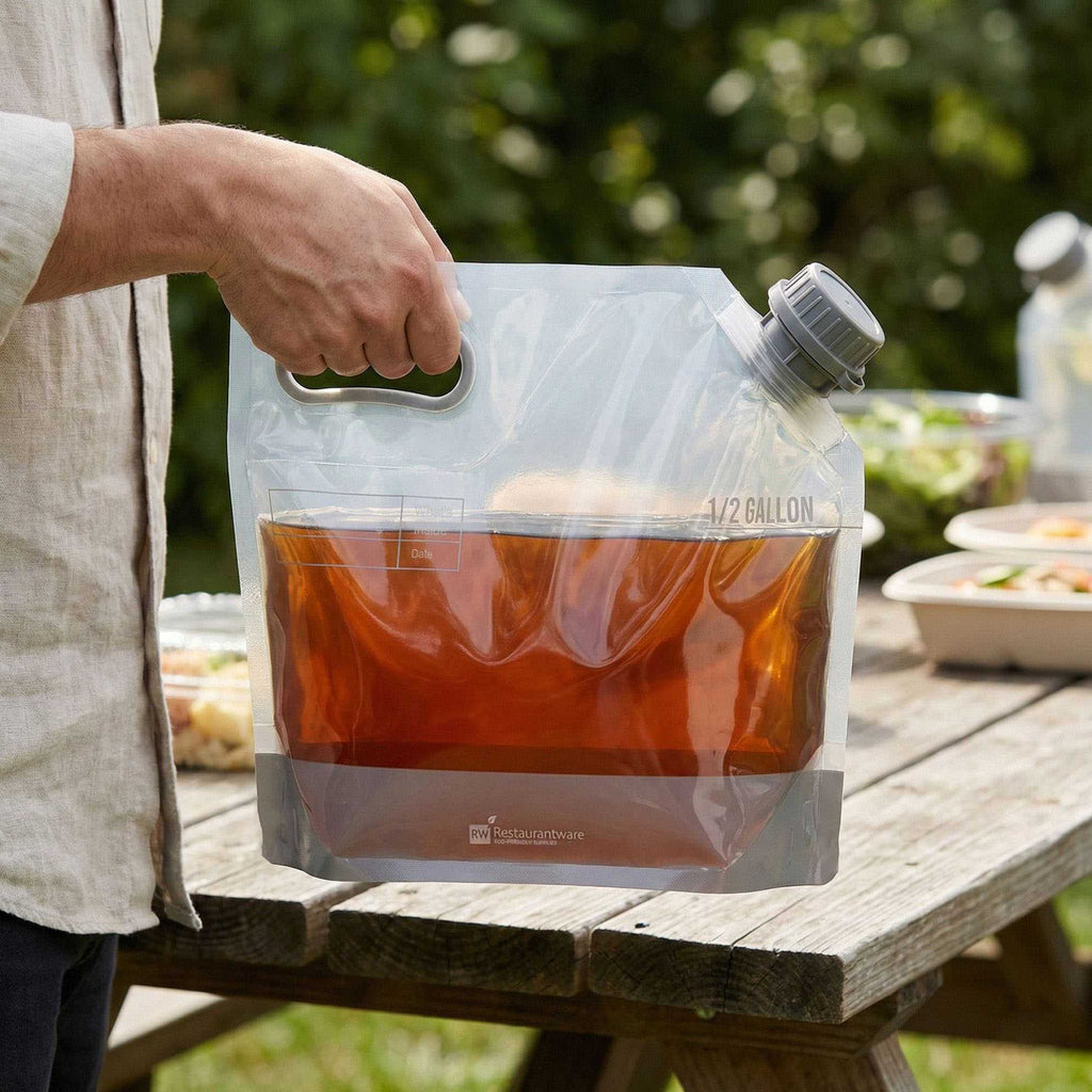 Cater Tek 1/2 gal Clear Plastic Take Out Drink Bag - with Safety Cap - 11 3/4" x 4 1/4" x 9" - 2 count box