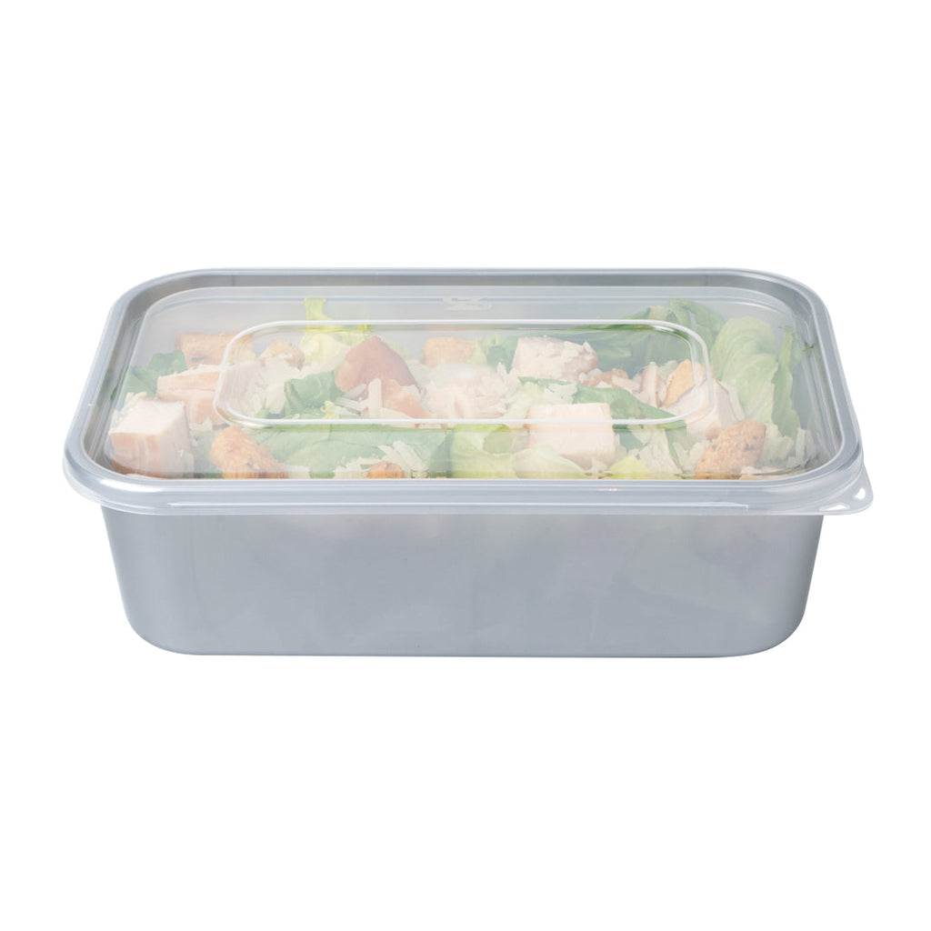 Futura 22 oz Silver Plastic Take Out Container - with Clear Lid, Microwavable - 6 3/4" x 4 1/2" x 2 1/4" - 100 count box