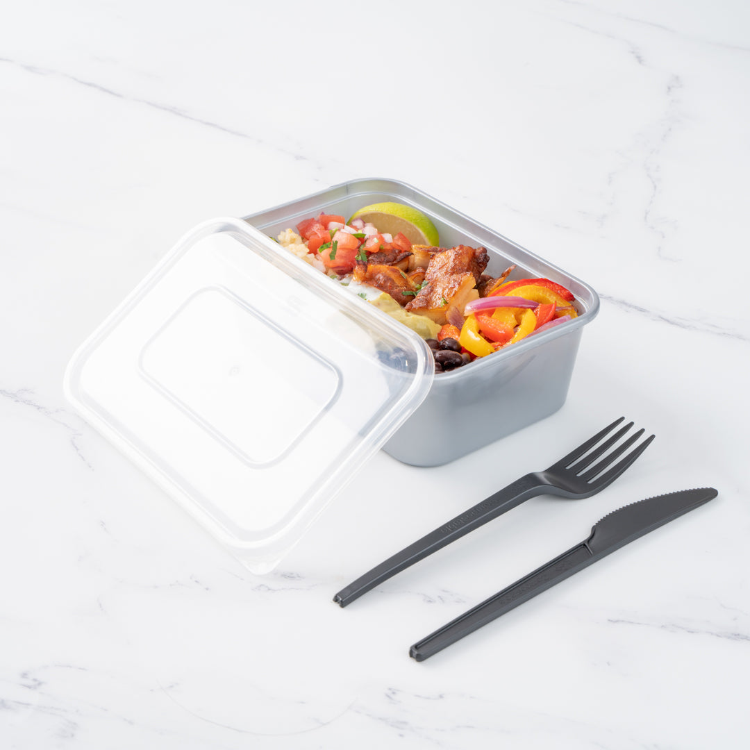Futura 25 oz Silver Plastic Take Out Container - with Clear Lid, Microwavable - 6 3/4" x 4 1/2" x 2 1/4" - 100 count box