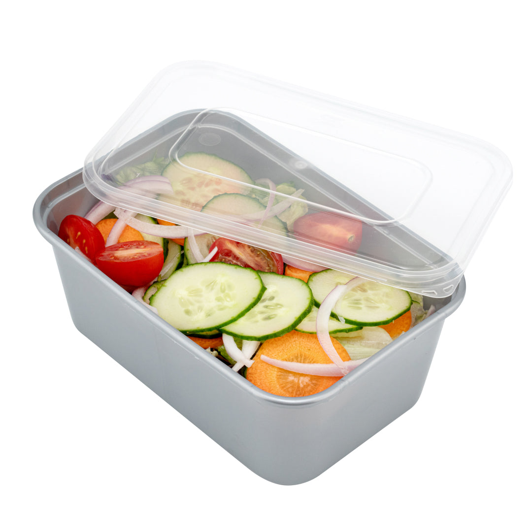Futura 32 oz Silver Plastic Take Out Container - with Clear Lid, Microwavable, Inserts Available - 6 3/4" x 4 1/2" x 2 3/4" - 100 count box