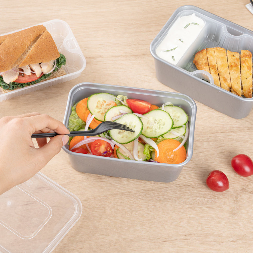Futura 32 oz Silver Plastic Take Out Container - with Clear Lid, Microwavable, Inserts Available - 6 3/4" x 4 1/2" x 2 3/4" - 100 count box