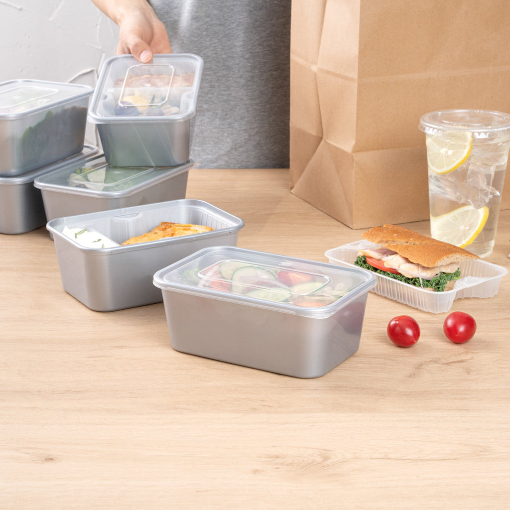 Futura 32 oz Silver Plastic Take Out Container - with Clear Lid, Microwavable, Inserts Available - 6 3/4" x 4 1/2" x 2 3/4" - 100 count box
