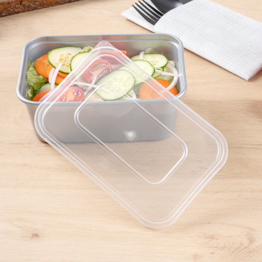 Futura 32 oz Silver Plastic Take Out Container - with Clear Lid, Microwavable, Inserts Available - 6 3/4" x 4 1/2" x 2 3/4" - 100 count box