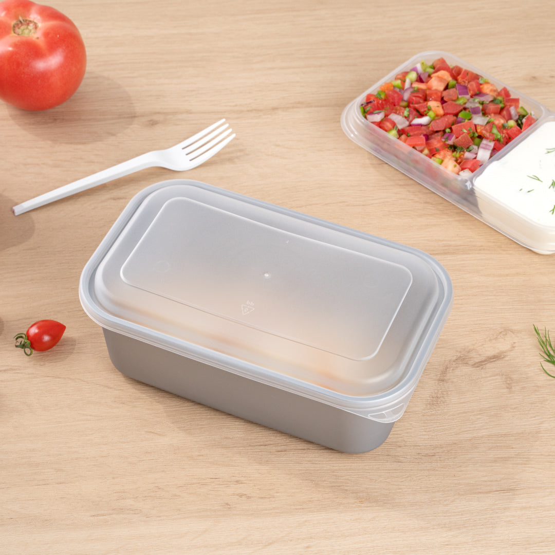 Futura 44 oz Silver Plastic Heavy Duty Container - with Frosted Lid, Microwavable, Inserts Available - 8 1/4" x 5" x 3 1/4" - 100 count box