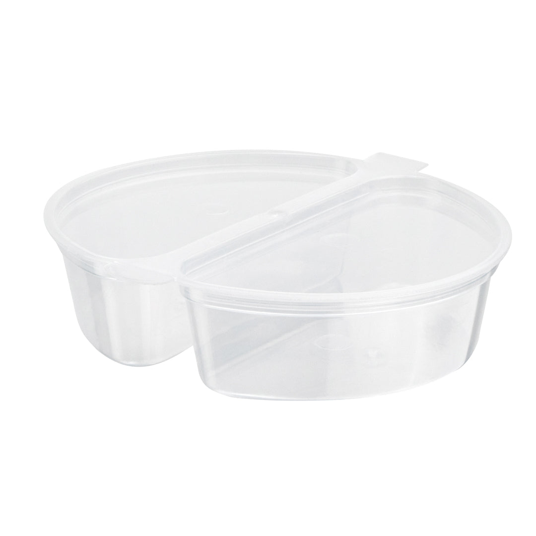 Futura 6 oz Clear Plastic Snack / Condiment Container - with Lid, 2-Compartment, Microwavable - 4" x 3 1/4" x 1" - 100 count box