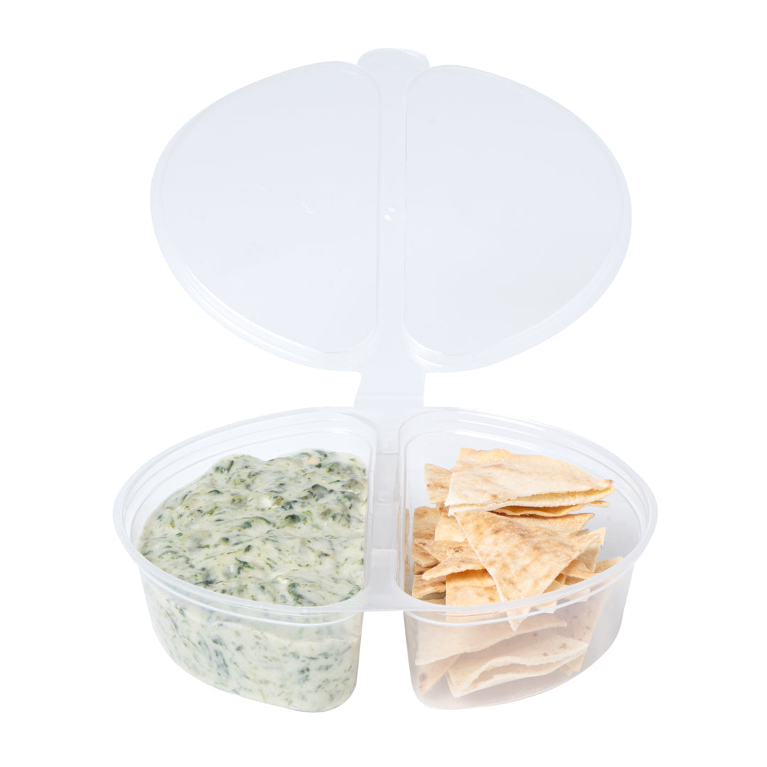 Futura 6 oz Clear Plastic Snack / Condiment Container - with Lid, 2-Compartment, Microwavable - 4" x 3 1/4" x 1" - 100 count box