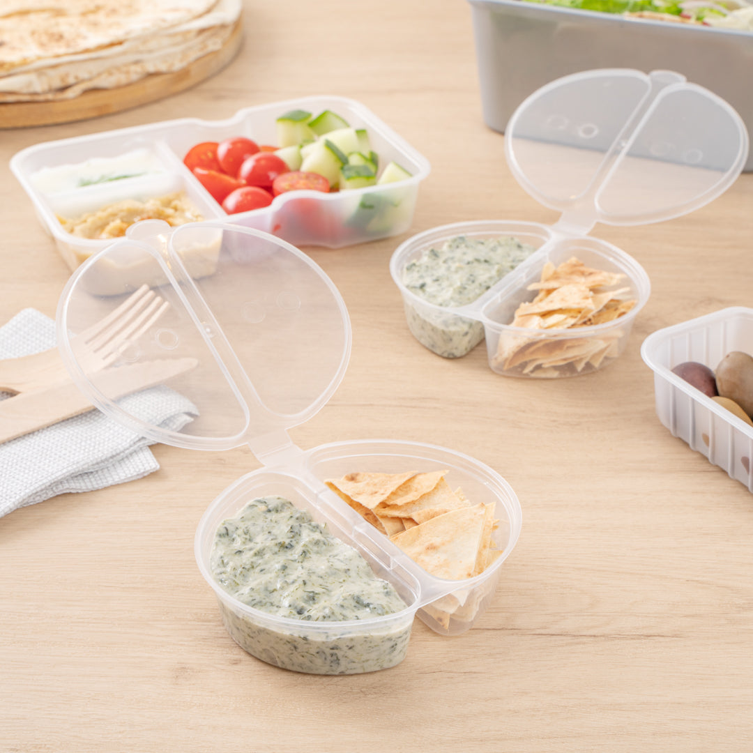Futura 6 oz Clear Plastic Snack / Condiment Container - with Lid, 2-Compartment, Microwavable - 4" x 3 1/4" x 1" - 100 count box