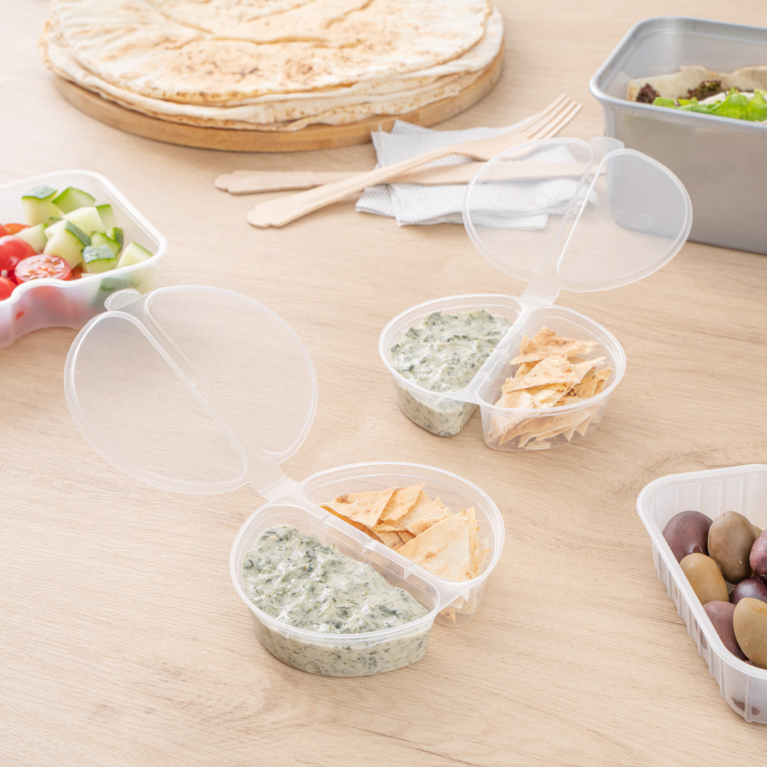Futura 6 oz Clear Plastic Snack / Condiment 2-Compartment Container - with Lid, Microwavable - 4" x 3 3/4" x 1" - 500 count box