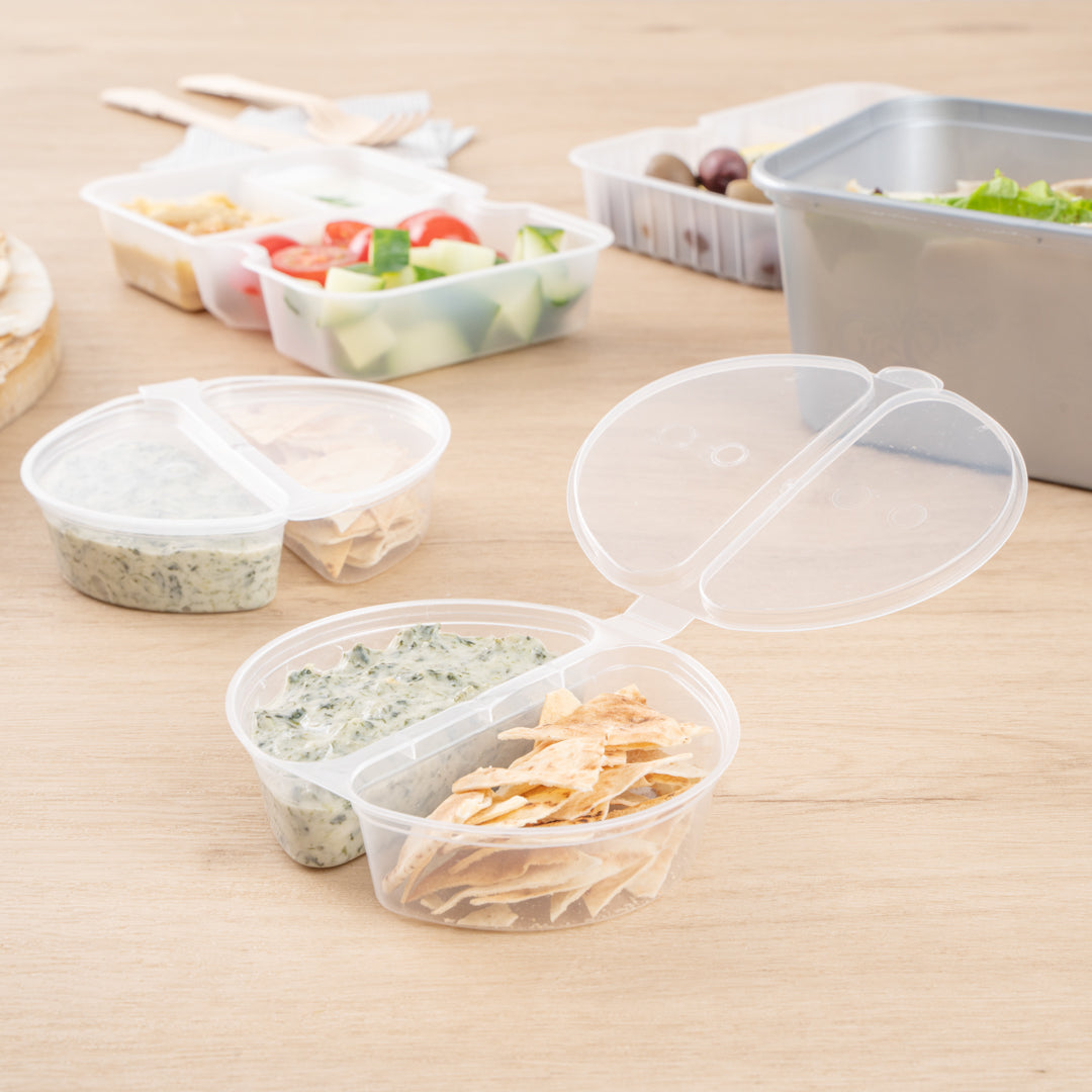 Futura 6 oz Clear Plastic Snack / Condiment 2-Compartment Container - with Lid, Microwavable - 4" x 3 3/4" x 1" - 500 count box