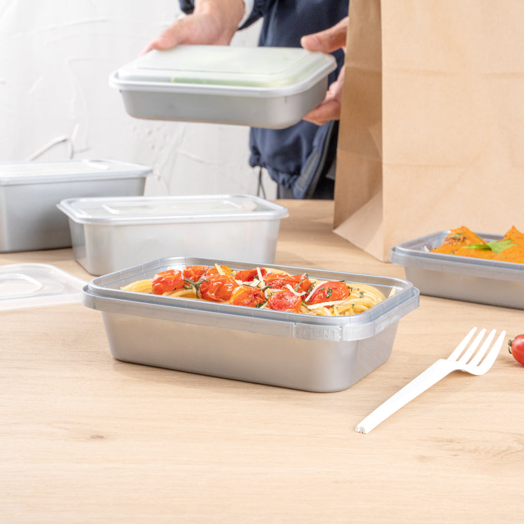 Futura 24 oz Silver Plastic Tamper-Evident Container - with Clear Lid, Microwavable - 7" x 4 3/4" x 1 3/4" - 100 count box