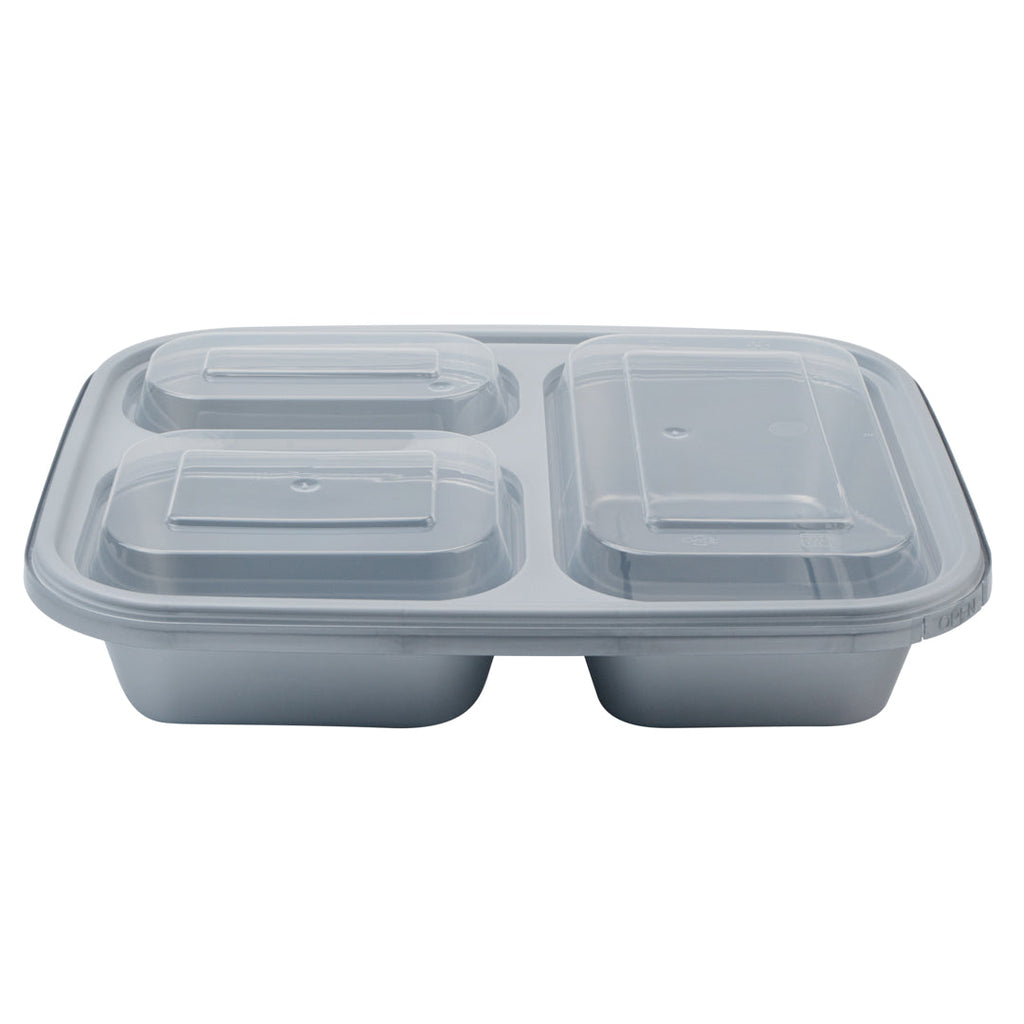 Futura 30 oz Silver Plastic Tamper-Evident 3-Compartment Container - with Clear Lid, Microwavable - 9 1/2" x 7 1/4" x 2" - 100 count box
