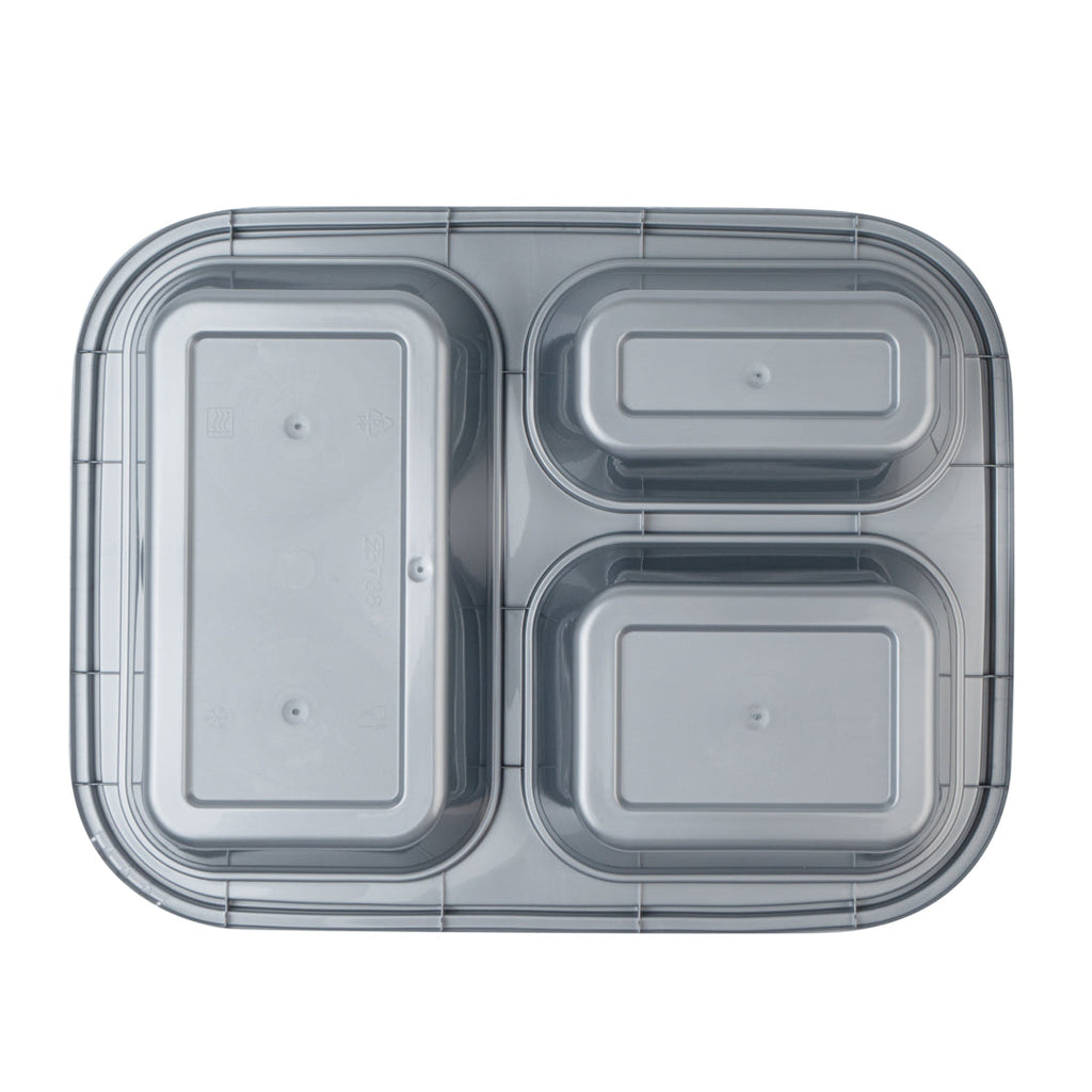 Futura 30 oz Silver Plastic Tamper-Evident 3-Compartment Container - with Clear Lid, Microwavable - 9 1/2" x 7 1/4" x 2" - 100 count box